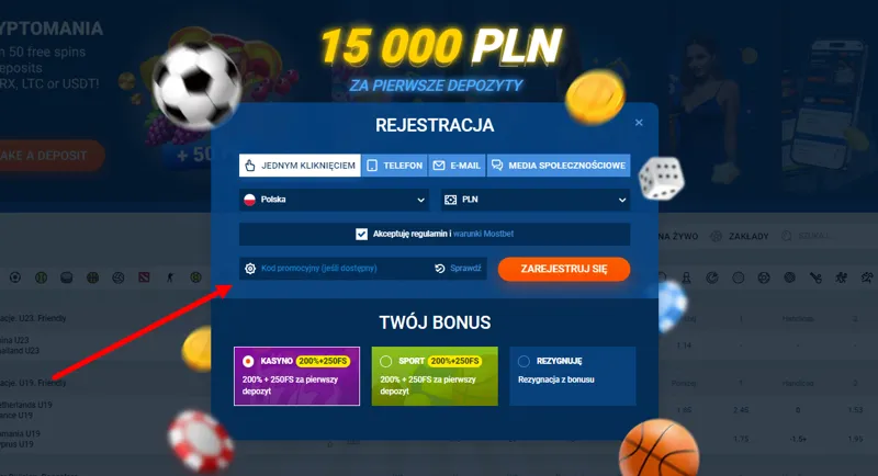 Wprowadź kod promocyjny podczas rejestracji w MostBet
