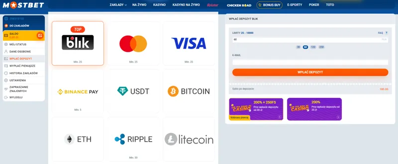 Opcje systemów płatności do zasilania konta w grze MostBet