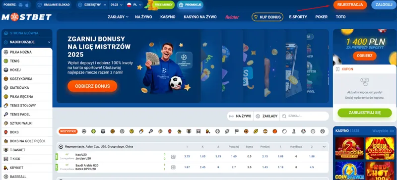 Przycisk rejestracji na stronie MostBet