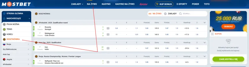 Sekcja na żywo do obstawiania zakładów na koszykówkę