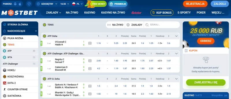 Zakłady na tenis u bukmachera MostBet