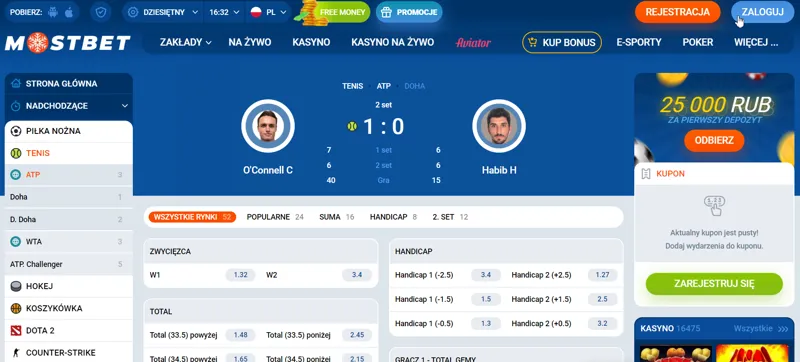Zakłady „na żywo” na tenis MostBet