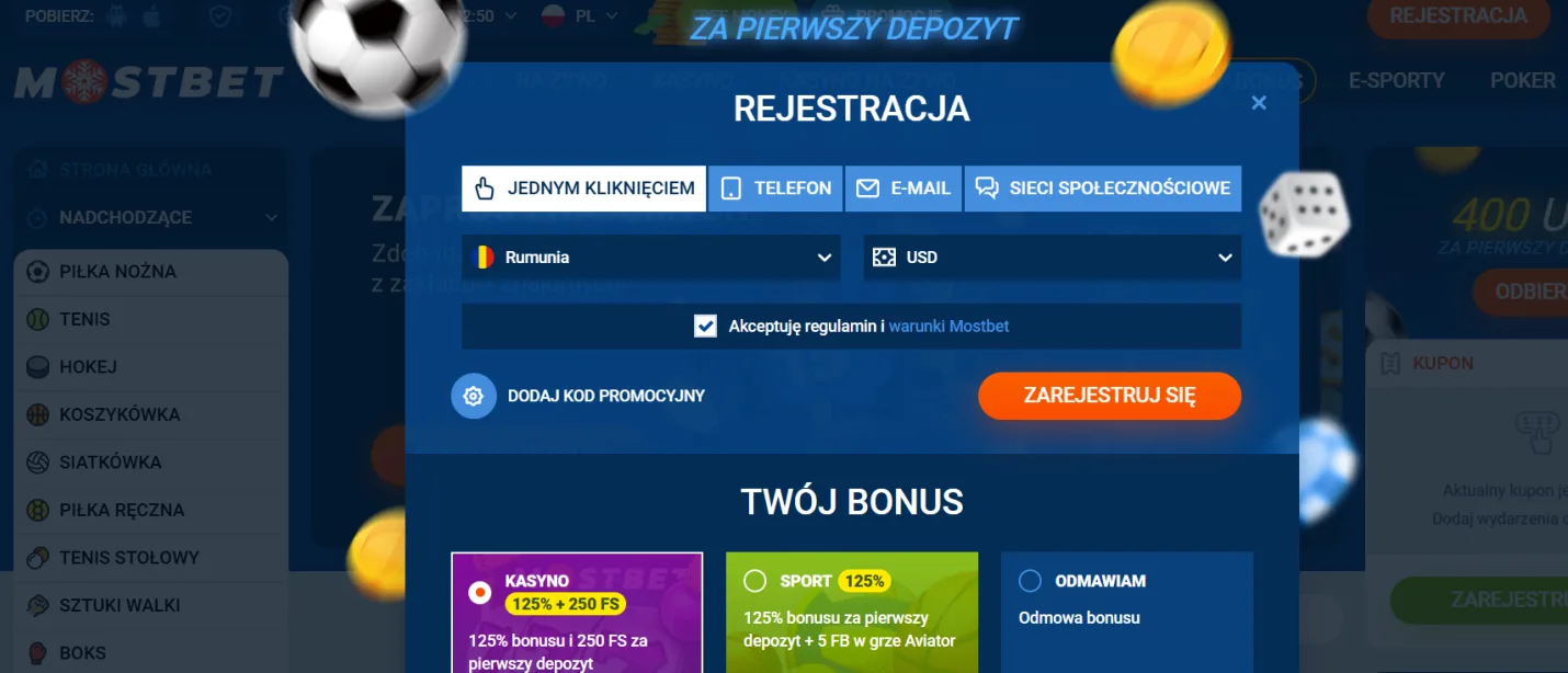 Formularz rejestracyjny na stronie MostBet